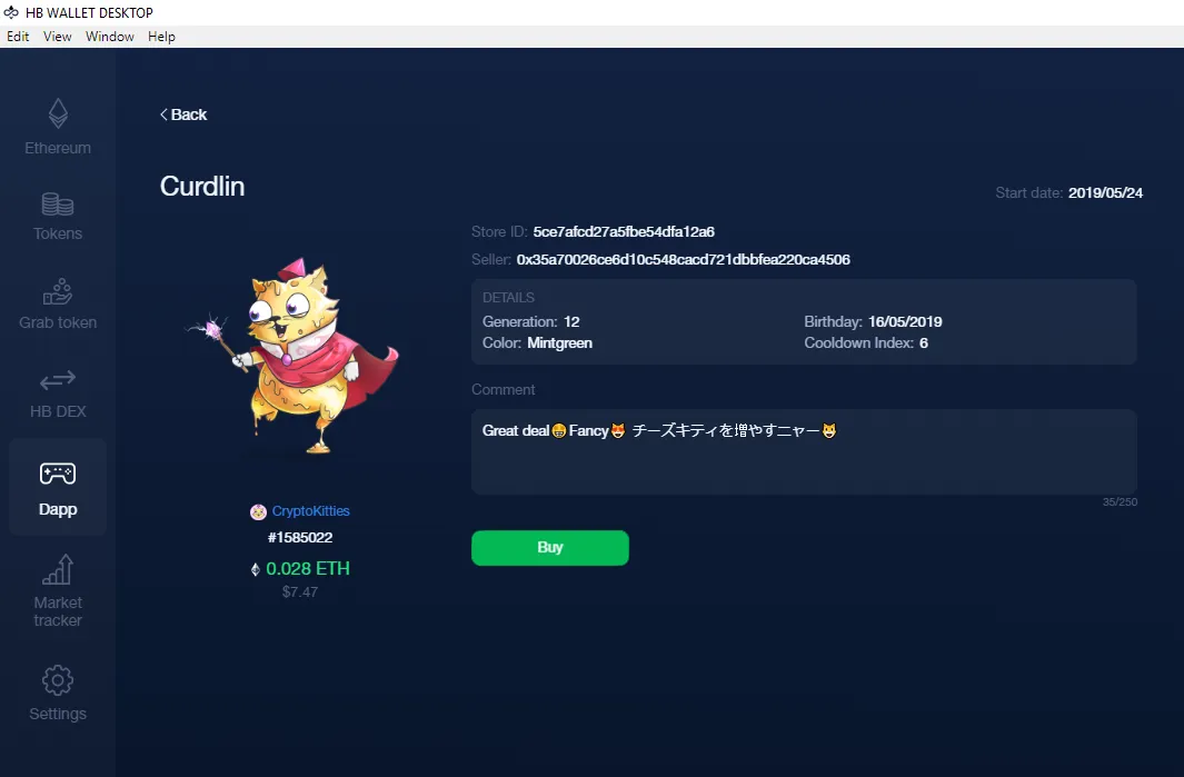 How To Play And Monetize Your Cryptokitties On HB Wallet 20 Curdlin Kitty in HB NFT Market can be sold up to 0.028 ETH
