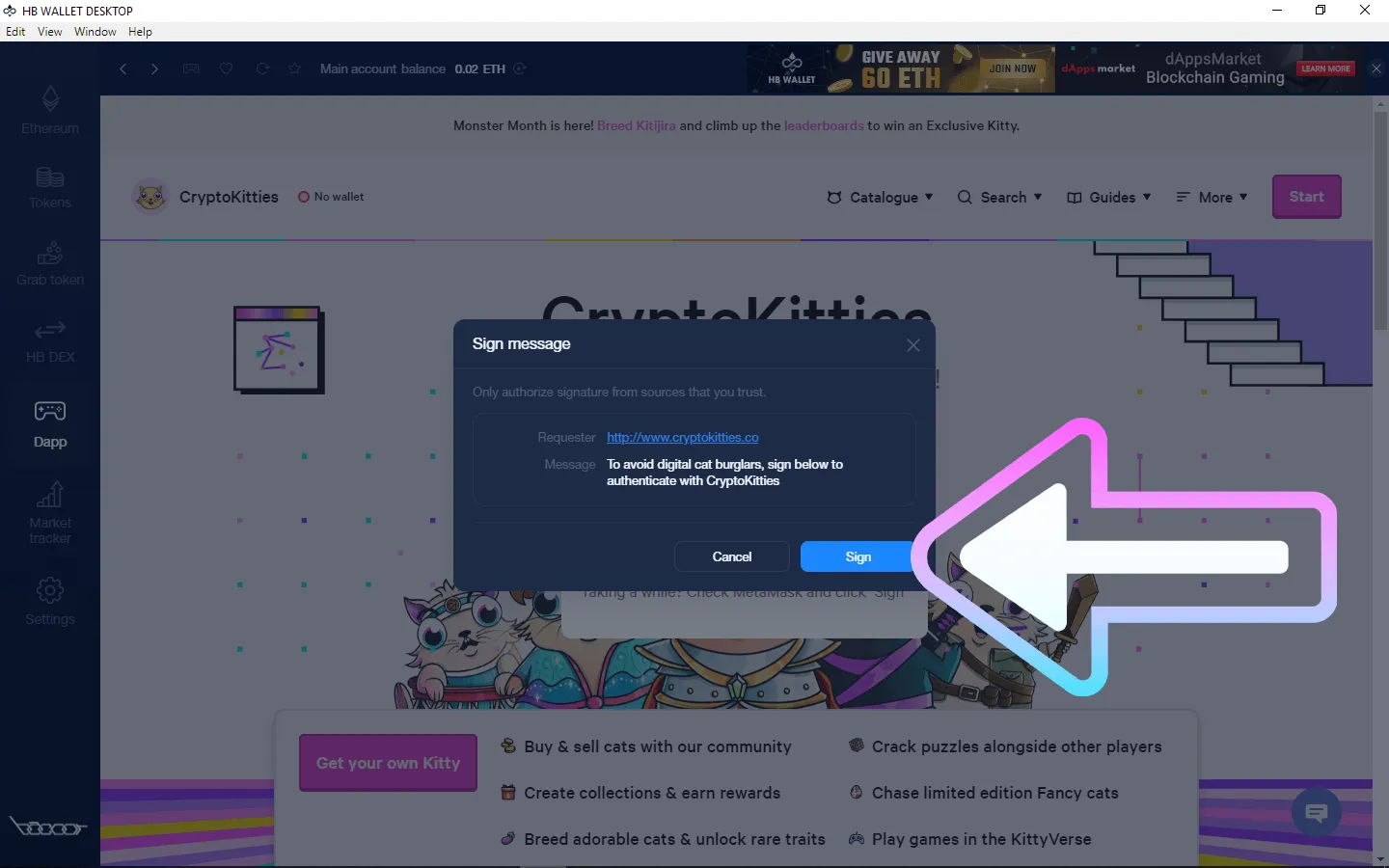 How To Play And Monetize Your Cryptokitties On HB Wallet 4 Sign message to authenticate with Cryptokitties