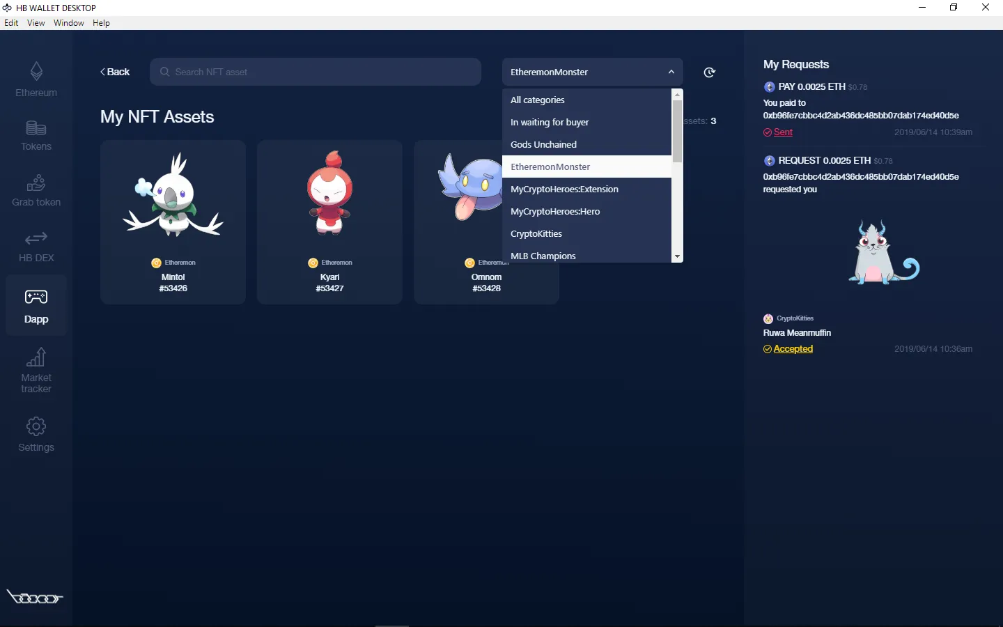 3 free mons are now in 'My NFT Assets'