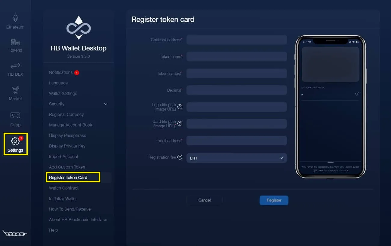 Go to Settings then choose Register Token Card