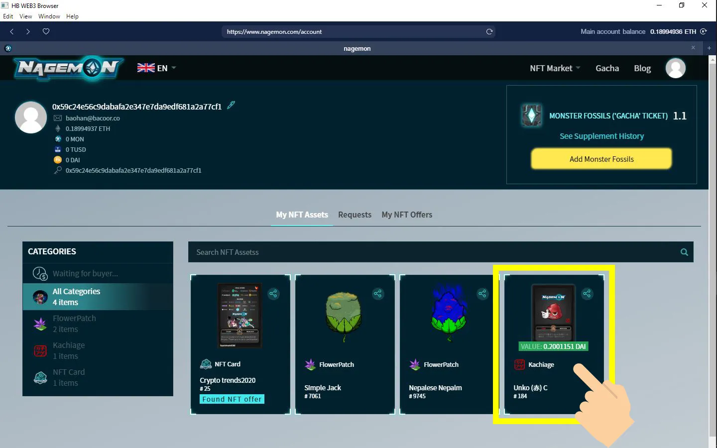 Important Updates on HB Wallet 3.4.1 16 In My NFT Assets, select the Kachiage you want to withdraw