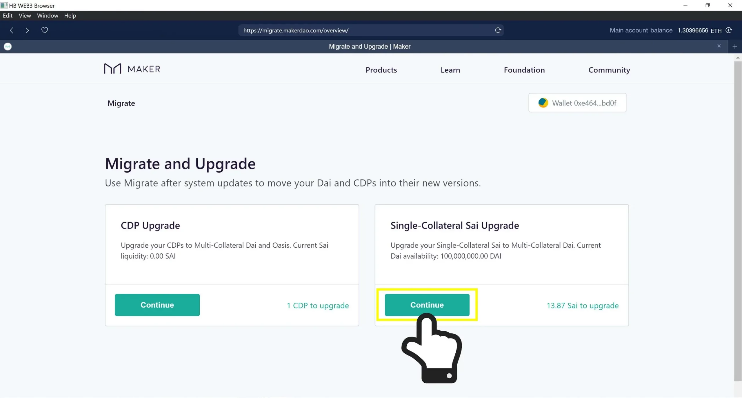 In the 'Single-Collateral Sai Upgrade' option, click 'Continue'.