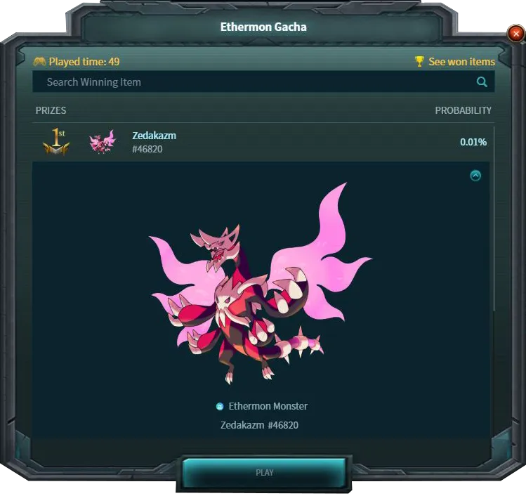 Ethermon Gacha is now live! 4 Legendary Ethermon: Zedakazm is worth 2.5 ETH!