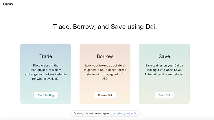 Oasis is a decentralized finance (DeFi) application that runs on the Ethereum blockchain.