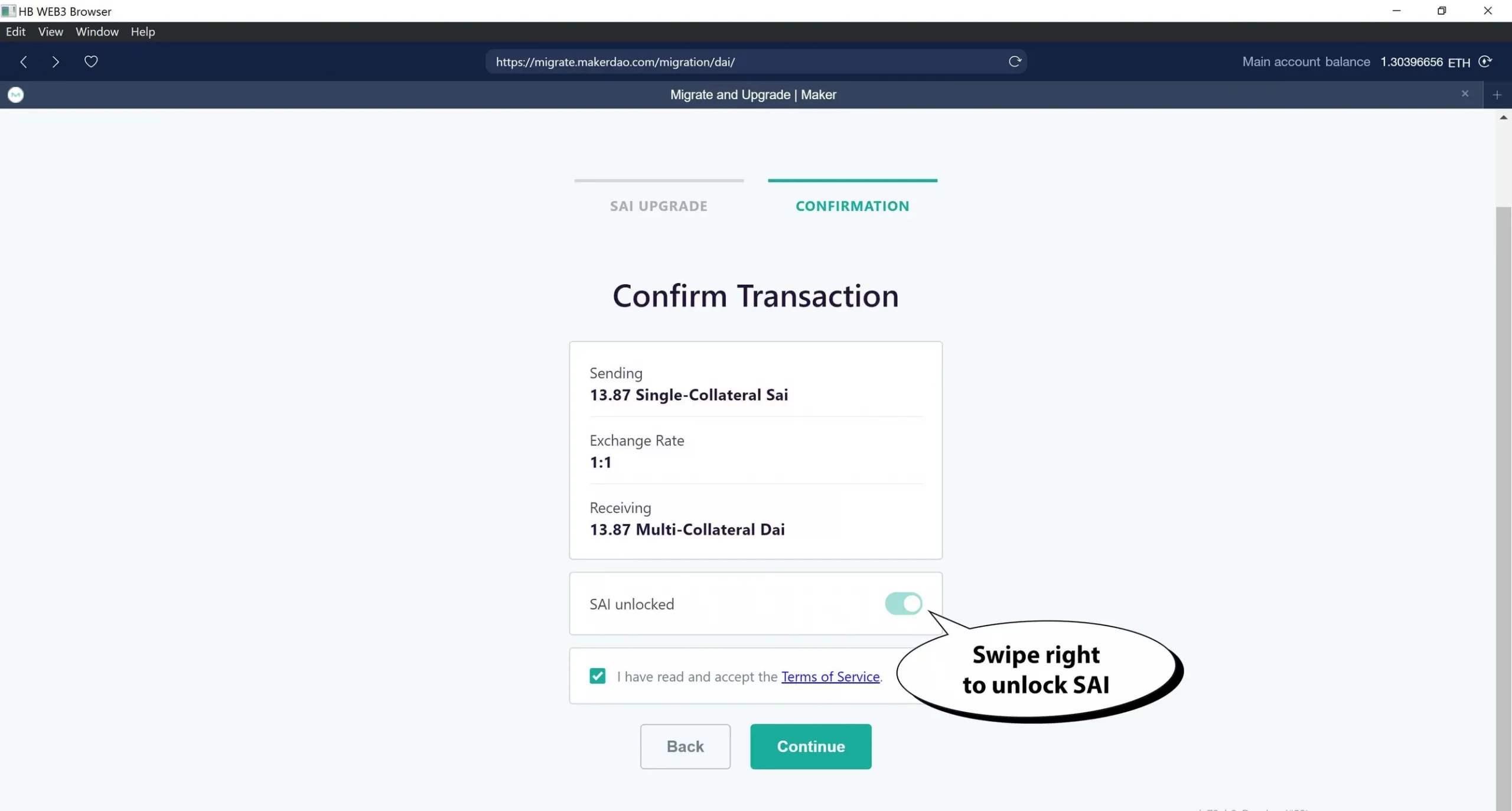 Swipe right to unlock SAI, then click 'Continue'.