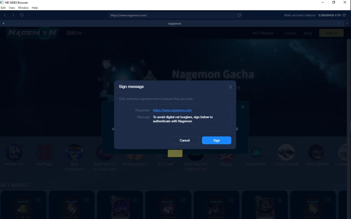 Important Updates on HB Wallet 3.4.1 11 Tap on 'Sign' to authenticate with Nagemon