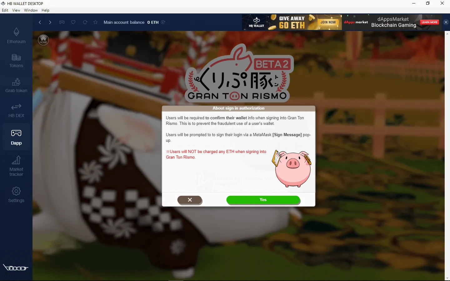 'Yes' to authenticate your wallet with Crypt-oink